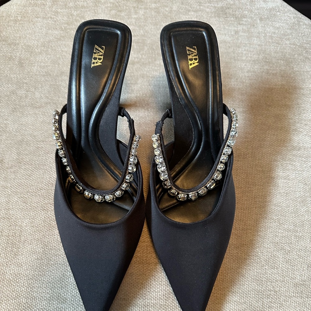 Zara Black Pump Kitten Heel with sequin strap